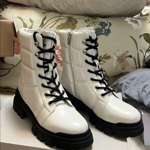 Marc Fisher White Combat Boots with Black Laces
